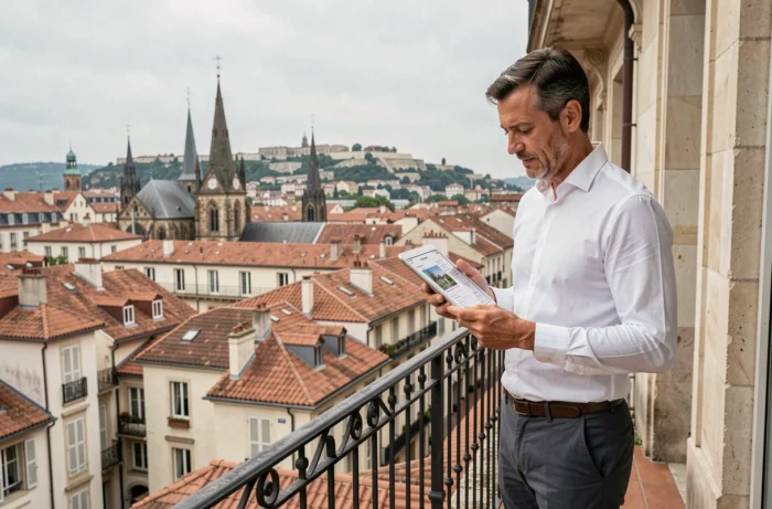 Acheteur immobilier consultant une estimation en ligne sur tablette avec vue sur Lyon