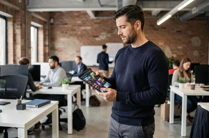 Homme professionnel consultant les actualités web sur une tablette dans un espace de coworking urbain animé