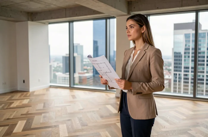 Agent immobilière professionnelle dans un appartement moderne avec plancher en chêne et vue panoramique sur la ville