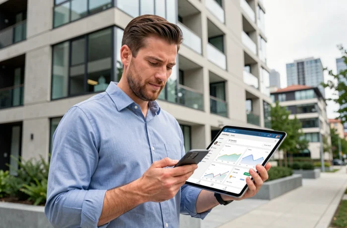Agent immobilier utilisant des outils numériques devant un immeuble résidentiel moderne en milieu urbain