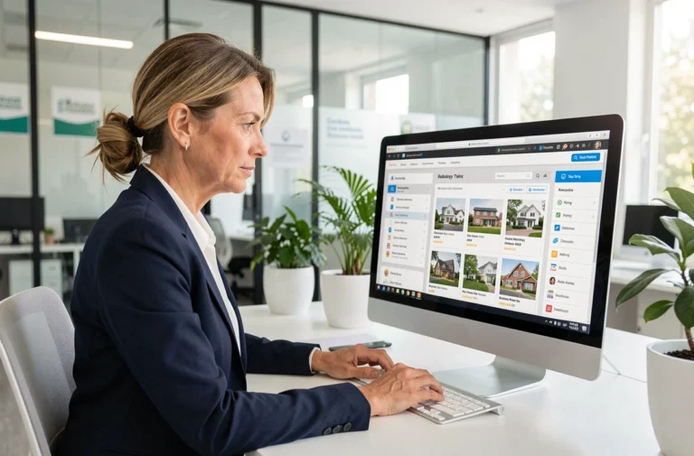 Agente immobilière utilisant l'intranet iad France sur son ordinateur de bureau dans une agence immobilière moderne