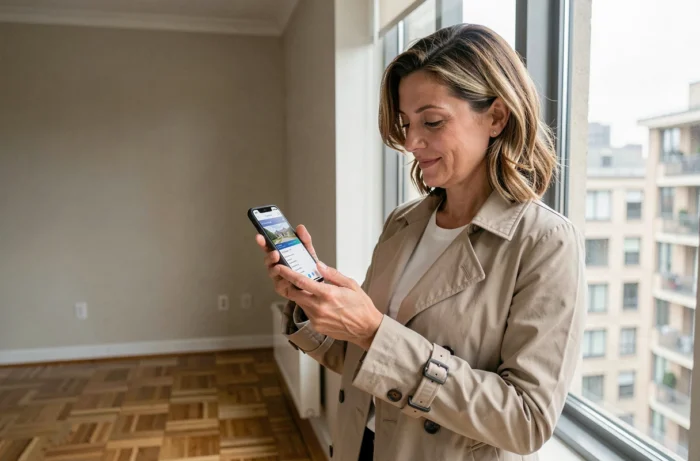 Agente immobilière iad consultant l'intranet mobile sur smartphone lors d'une visite de bien immobilier