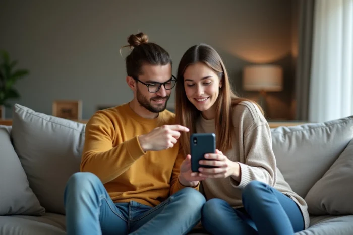 Deux amis regardant ensemble comment envoyer une photo éphémère sur Telegram depuis un canapé dans un salon moderne