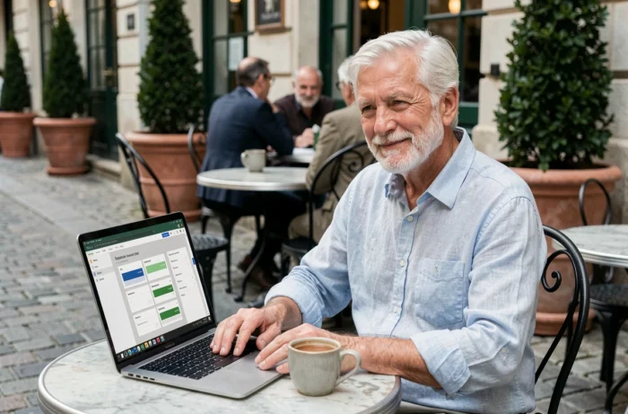 Ancien cadre supérieur à la retraite consultant ses revenus de pension sur ordinateur en terrasse