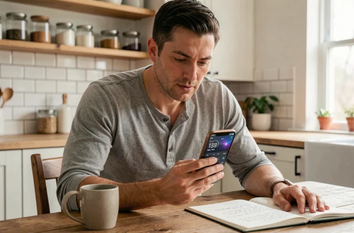 Homme consultant une application d'horloge mondiale sur smartphone pour vérifier l'heure de New York depuis son domicile
