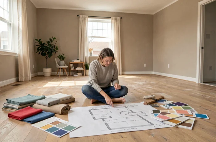 Personne planifiant la rénovation pièce par pièce entourée d'échantillons de peinture et d'un plan au sol dessiné à la main