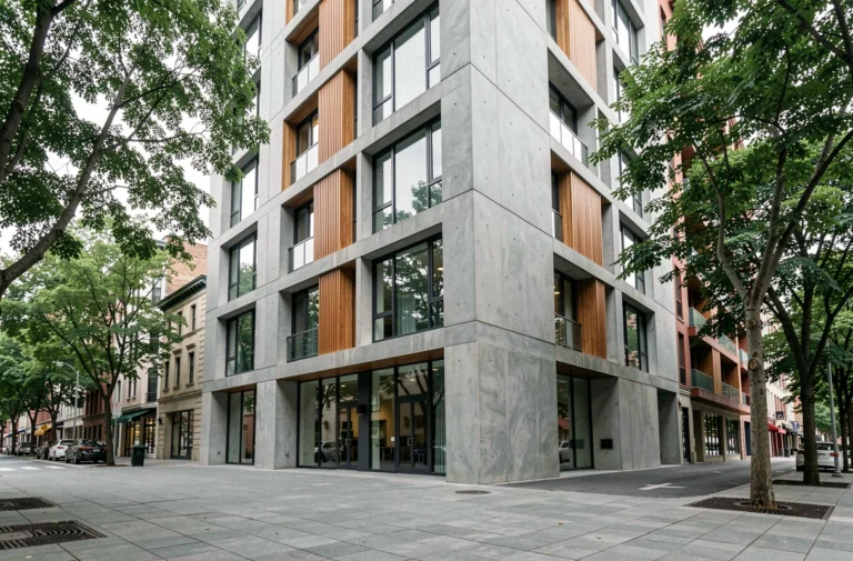 Façade architecturale contemporaine d'un immeuble résidentiel innovant avec grandes baies vitrées et matériaux mixtes béton et bois