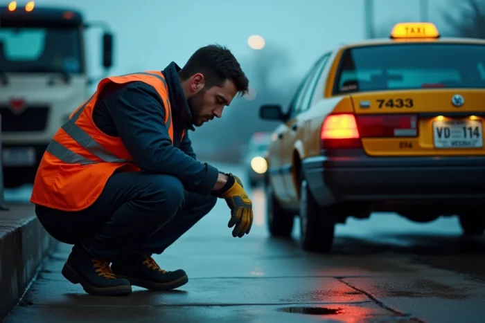 Technicien d'assistance routière en gilet orange inspectant un taxi en panne dans une station-service, illustration d'une intervention dépannage