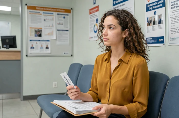 Jeune femme en salle d'attente d'un service administratif avec des documents relatifs à l'AAH 2026