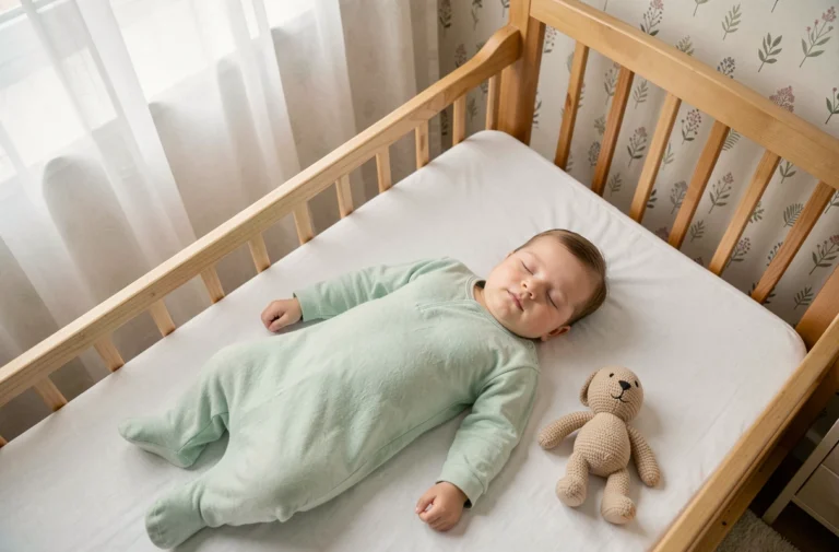 Bébé de 6 mois endormi dans une gigoteuse en coton vert pastel dans un berceau en bois naturel, ambiance chambre parentale douce et apaisante