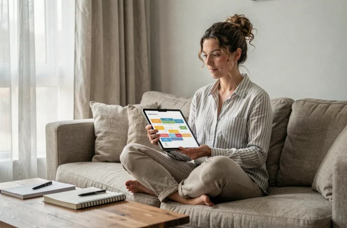 Blogueuse consulant la carte de son site web sur une tablette confortablement installée dans son salon