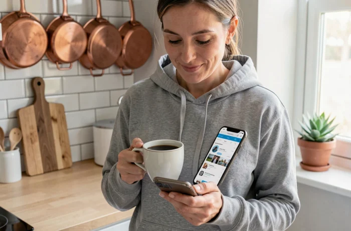 Femme blogueuse consultant la navigation de son site sur smartphone dans une cuisine moderne