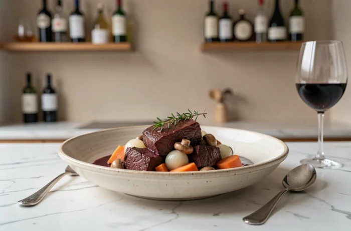 Bœuf bourguignon élégamment dressé dans un bol en céramique sur un plan de travail en marbre blanc, avec champignons, oignons grelots et sauce au vin rouge