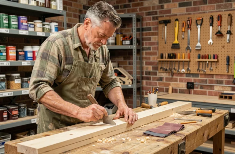 Homme bricoleur mesurant une planche en bois dans un atelier de garage bien équipé