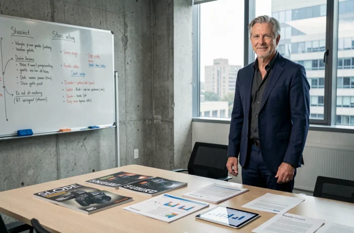 Cadre supérieur analysant des rapports stratégiques et le magazine SLR dans une salle de réunion moderne
