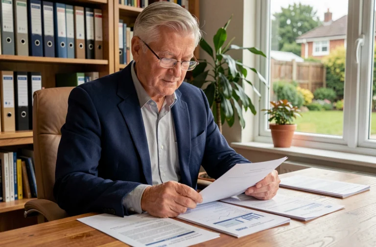 Cadre supérieur à la retraite examinant ses documents de pension à son bureau à domicile