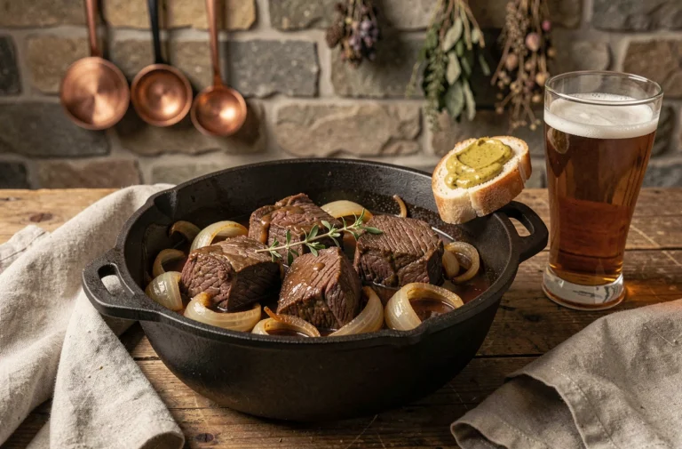 Carbonade flamande servie dans une cocotte en fonte sur une table en chêne rustique, avec des oignons caramélisés et une tranche de pain à la moutarde