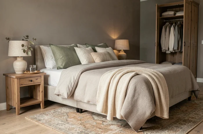 Chambre cocooning avec literie en lin sage et ivoire, plaid cachemire et décoration naturelle pour un intérieur douillet et reposant