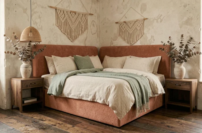 Chambre tendance avec tête de lit en bouclé terracotta, literie en lin et décoration artisanale en rotin