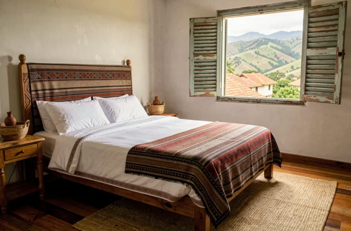Chambre à coucher malagasy avec lit en bois sculpté, textile traditionnel lambamena et fenêtre à persiennes ouvrant sur les collines des hauts plateaux de Madagascar
