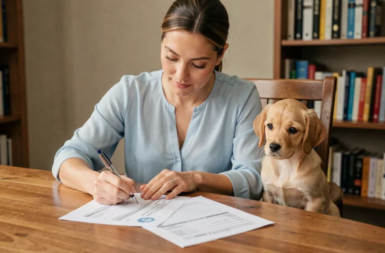 Femme remplissant un formulaire de changement de propriétaire pour son chien golden retriever dans un bureau à domicile