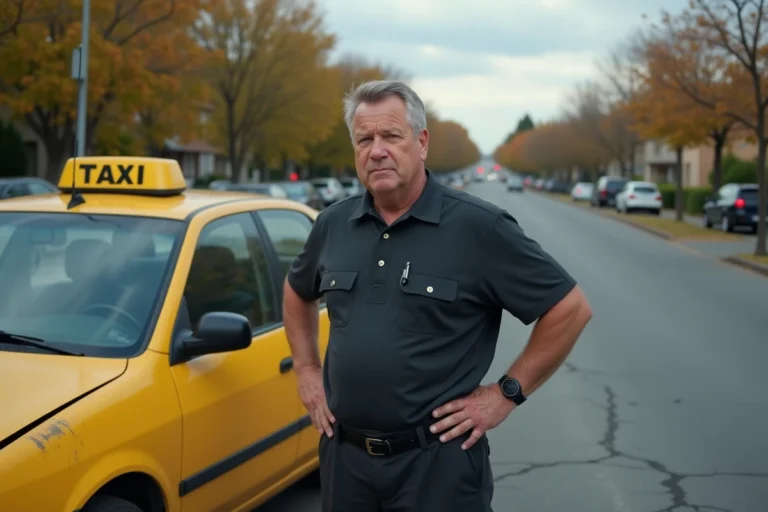 Chauffeur de taxi debout à côté de son véhicule en panne sur le bord d'une route urbaine, l'air préoccupé devant le capot ouvert