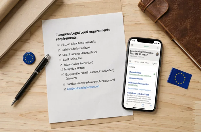Vue aérienne d'un bureau avec checklist des obligations légales pour un site internet européen