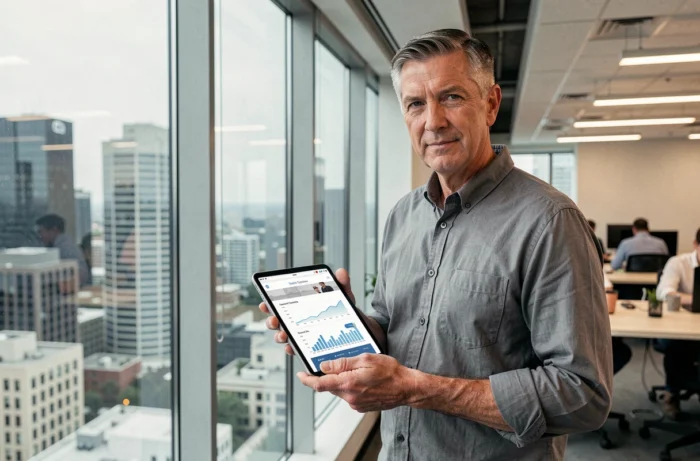 Chef d'entreprise debout près d'une fenêtre tenant une tablette avec le site web professionnel de sa société