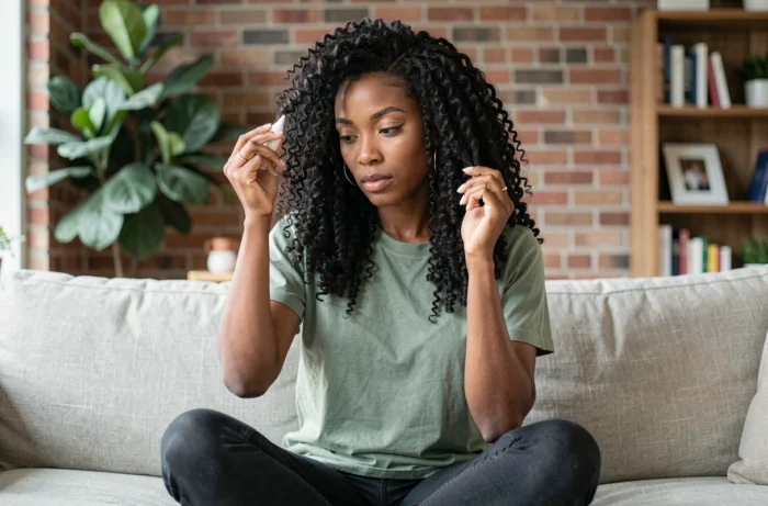 Jeune femme aux cheveux bouclés naturels appliquant une crème hydratante sur ses boucles serrées