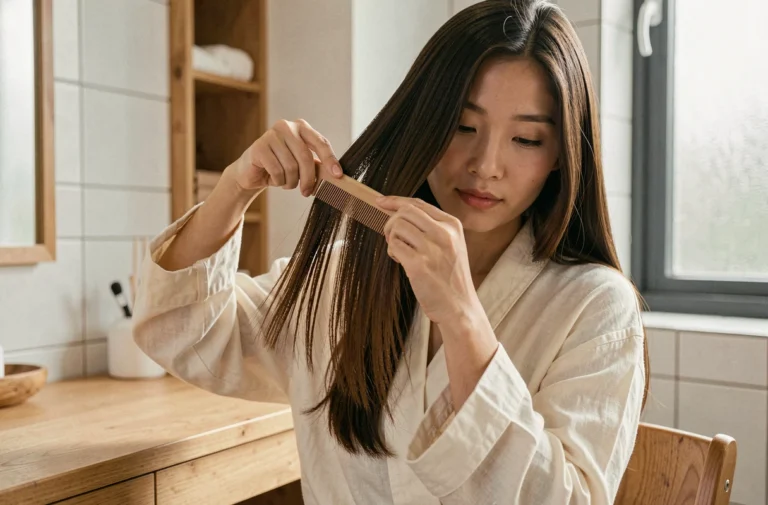 Femme aux cheveux lisses et soyeux se coiffant devant un miroir dans une salle de bain minimaliste