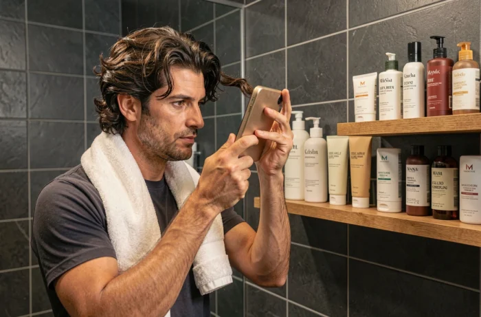 Homme aux cheveux ondulés épais inspectant ses pointes devant un miroir dans une salle de bain moderne