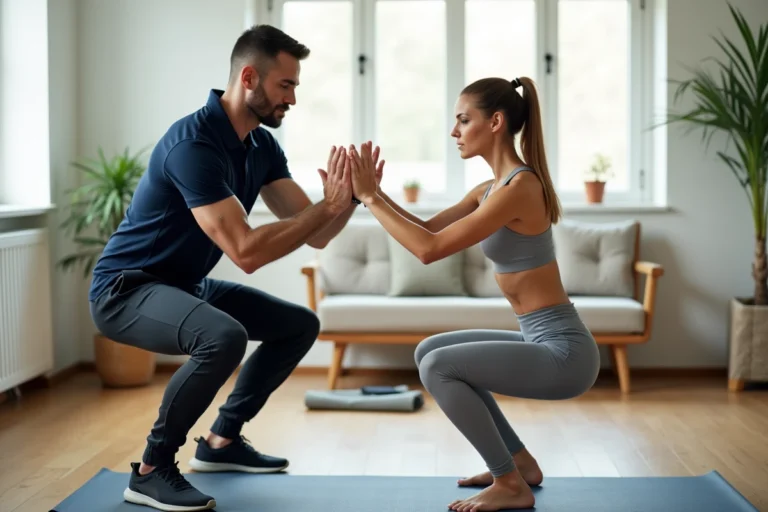 Coach sportif à domicile montrant un exercice de squat à une cliente dans un salon aménagé en espace fitness