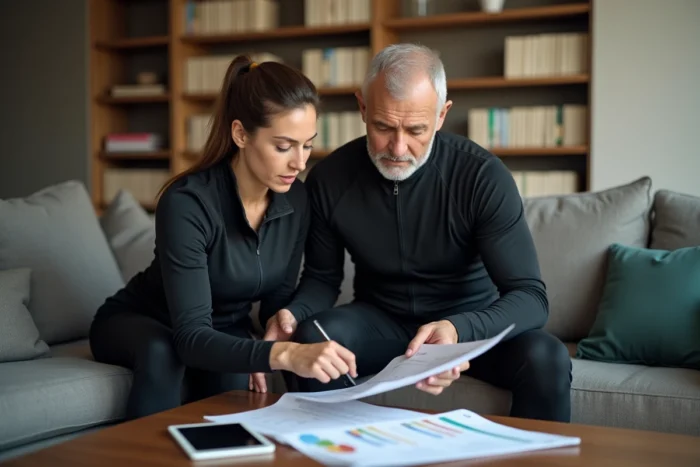 Coach sportive et client à domicile en train de planifier un programme fitness personnalisé sur tablette