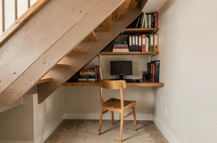 Bureau compact aménagé dans le renfoncement sous un escalier avec une tablette en bois, des étagères et une chaise simple