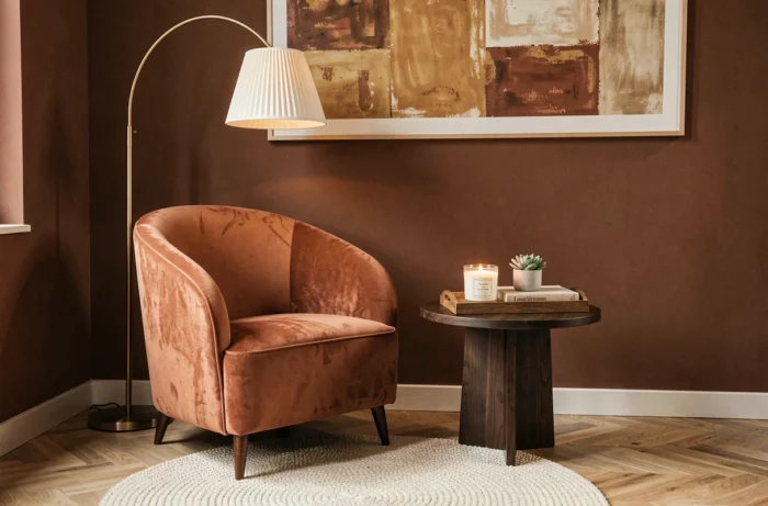 Coin décoratif tendance avec fauteuil en velours terracotta, lampe arquée et mur en clay profond pour un intérieur chaleureux