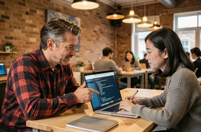 Deux collègues collaborant sur l'intégration d'une API REST dans un espace de coworking au design industriel