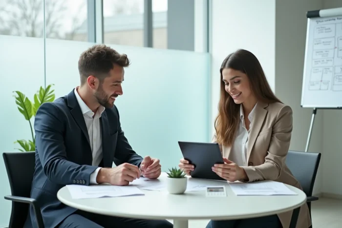 Deux jeunes diplômés collaborant sur une stratégie commerciale B2B autour d'une table de réunion en entreprise
