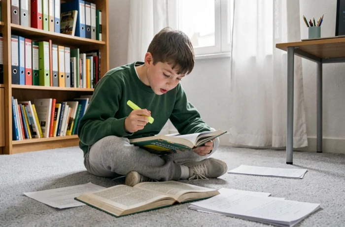 Jeune collégien révisant les classes grammaticales françaises avec des fiches d'exercices dans sa chambre