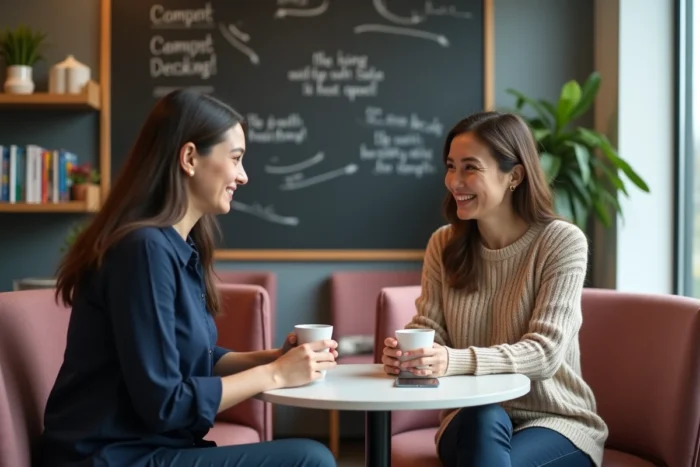 Deux collègues en pause café dans une salle de repos moderne avec décor cosy et mur en ardoise