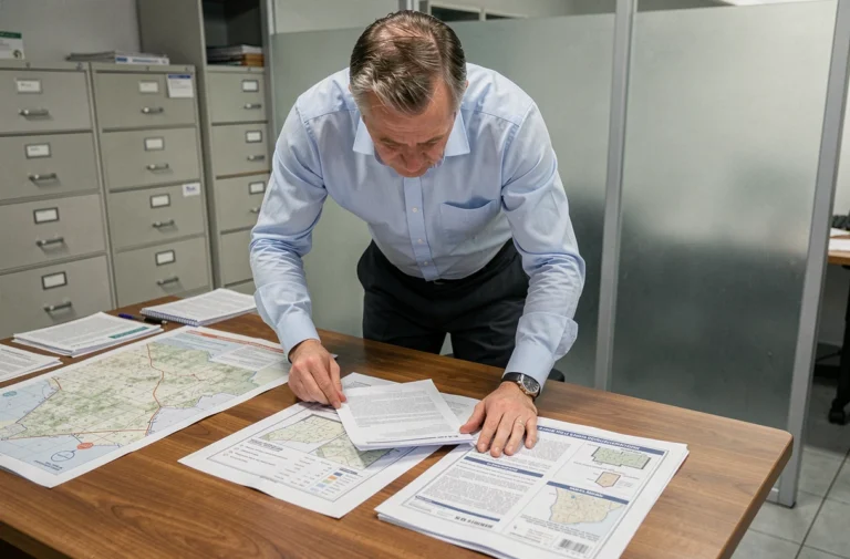 Fonctionnaire municipal comparant une adresse cadastrale et une adresse postale sur des documents officiels dans un bureau administratif