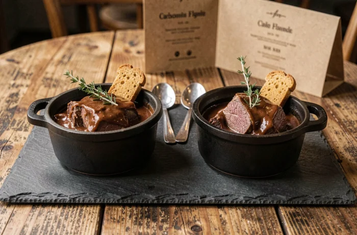 Comparaison côte à côte de la carbonade flamande et du bœuf bourguignon dans deux mini cocottes en fonte sur une ardoise, dans une ambiance bistrot