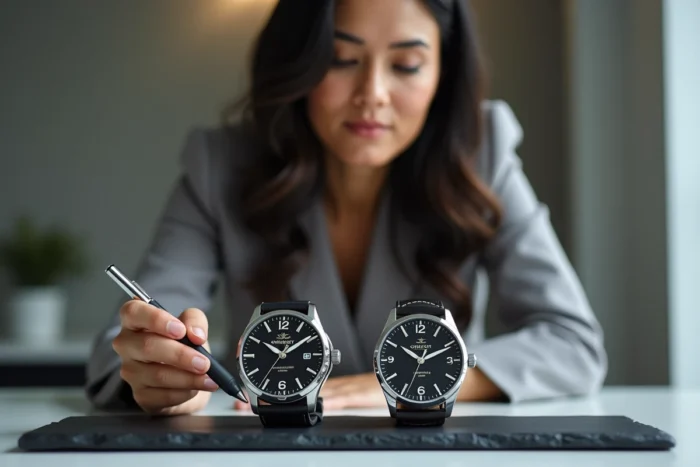 Comparaison côte à côte d'une vraie montre Orient et d'une contrefaçon pour identifier les différences