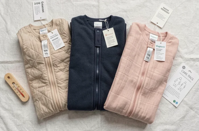 Trois gigoteuses bébé différentes disposées en flat-lay sur fond lin blanc : coton bio beige, polaire bleu marine et mousseline rose, comparatif matières et TOG