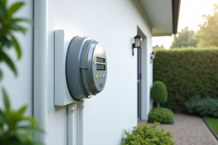 Compteur Linky EDF installé sur la façade extérieure d'une maison individuelle neuve