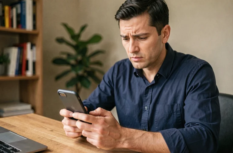 Homme configurant la messagerie convergence Toulouse sur un smartphone Android à son bureau à domicile