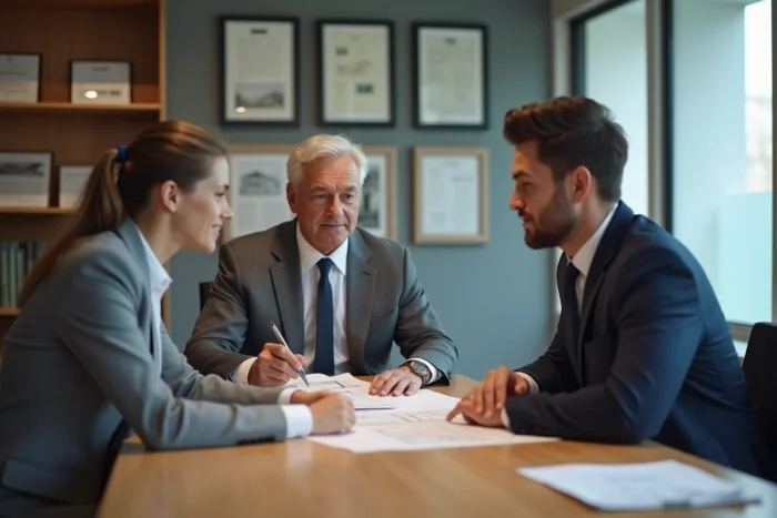 Conseiller immobilier expérimenté présentant un plan de financement à un primo-accédant dans une agence professionnelle