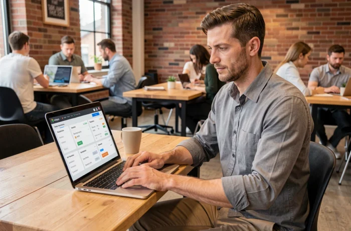 Consultant immobilier indépendant accédant à la plateforme intranet iad depuis un espace de coworking avec son ordinateur portable