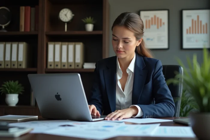 Consultante bancaire analysant des documents de transformation financière dans un bureau professionnel privé