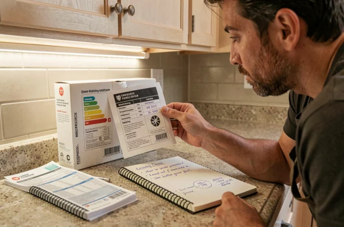 Personne consultant une étiquette d'efficacité énergétique lors de l'installation d'un bandeau LED en cuisine avec notes et facture
