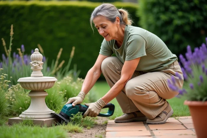 Femme utilisant un coupe-bordures électrique Greenworks autour d'une décoration de jardin en pierre